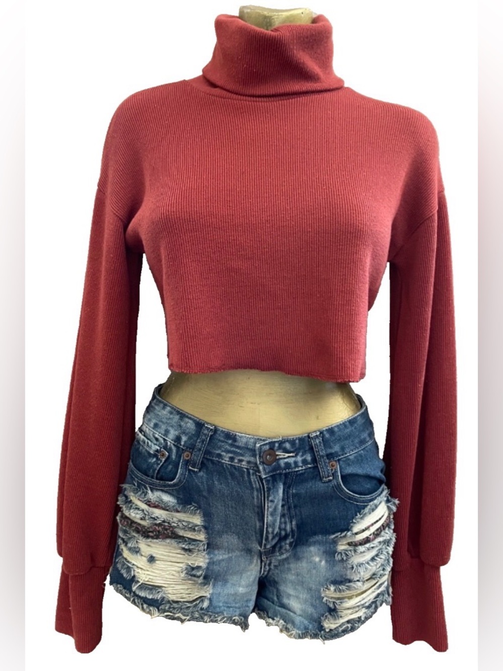 POLLY UK Cropped Ribbed Terracotta TURTLENECK TOP Size 4